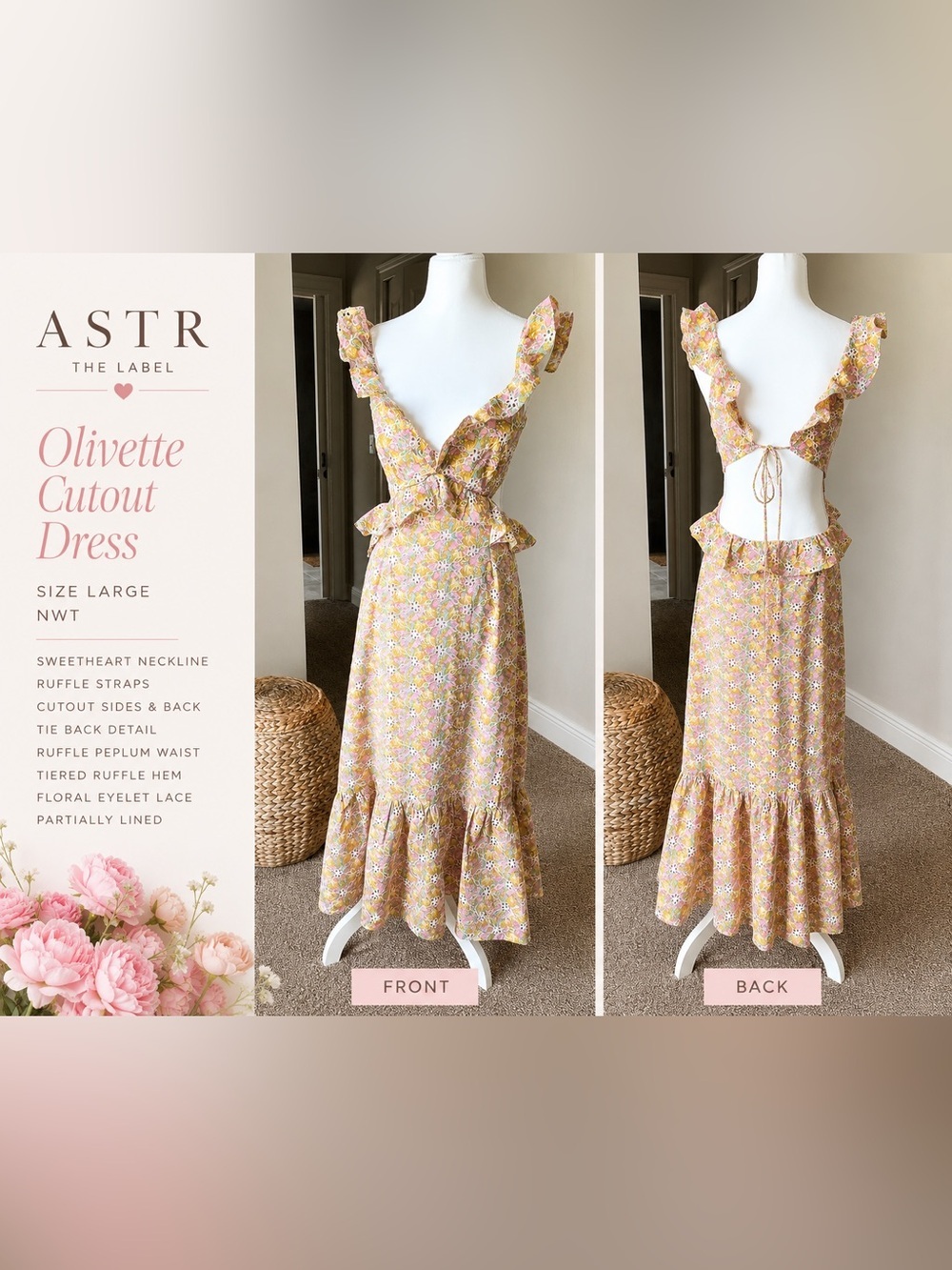 ASTR The Label Olivette Floral Cutout Ruffle Eyelet Maxi Midi Dress NWT Size L